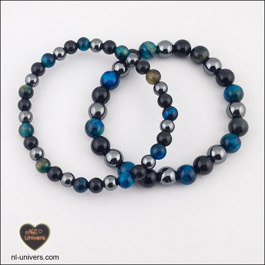 Bracelet Protection ( Hématite + Obsidienne noire + Œil de Tigre bleu clair)