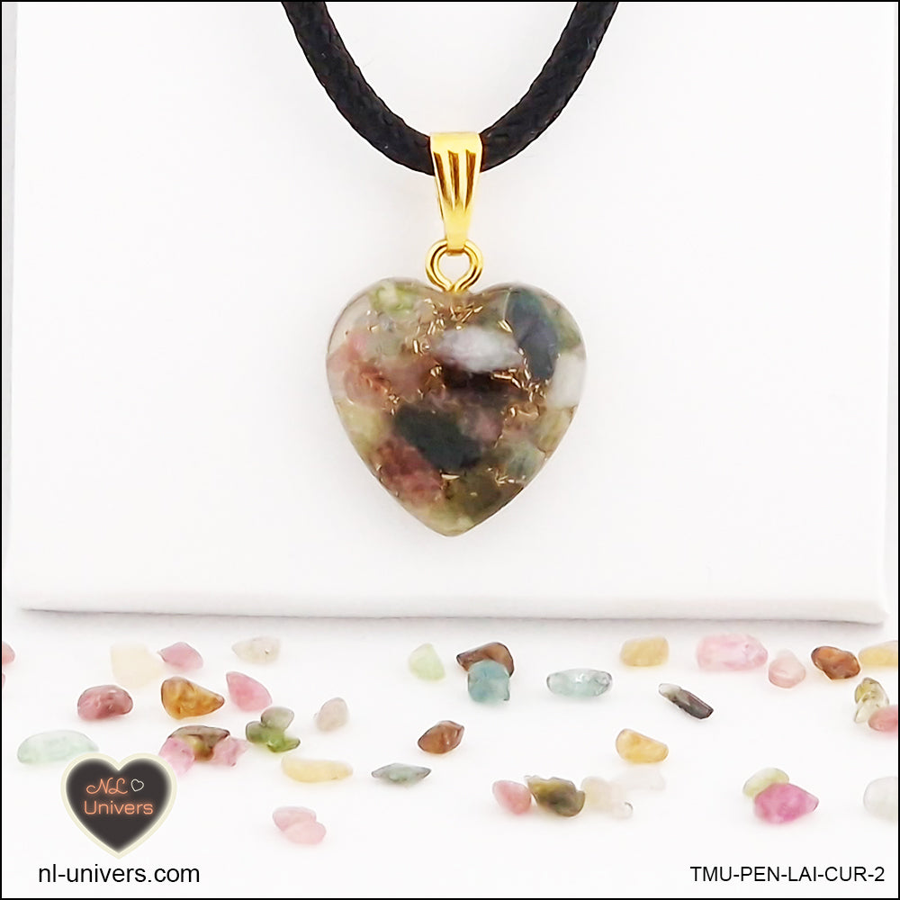 Multicolor Tourmaline heart pendant M.1 in brass orgonite