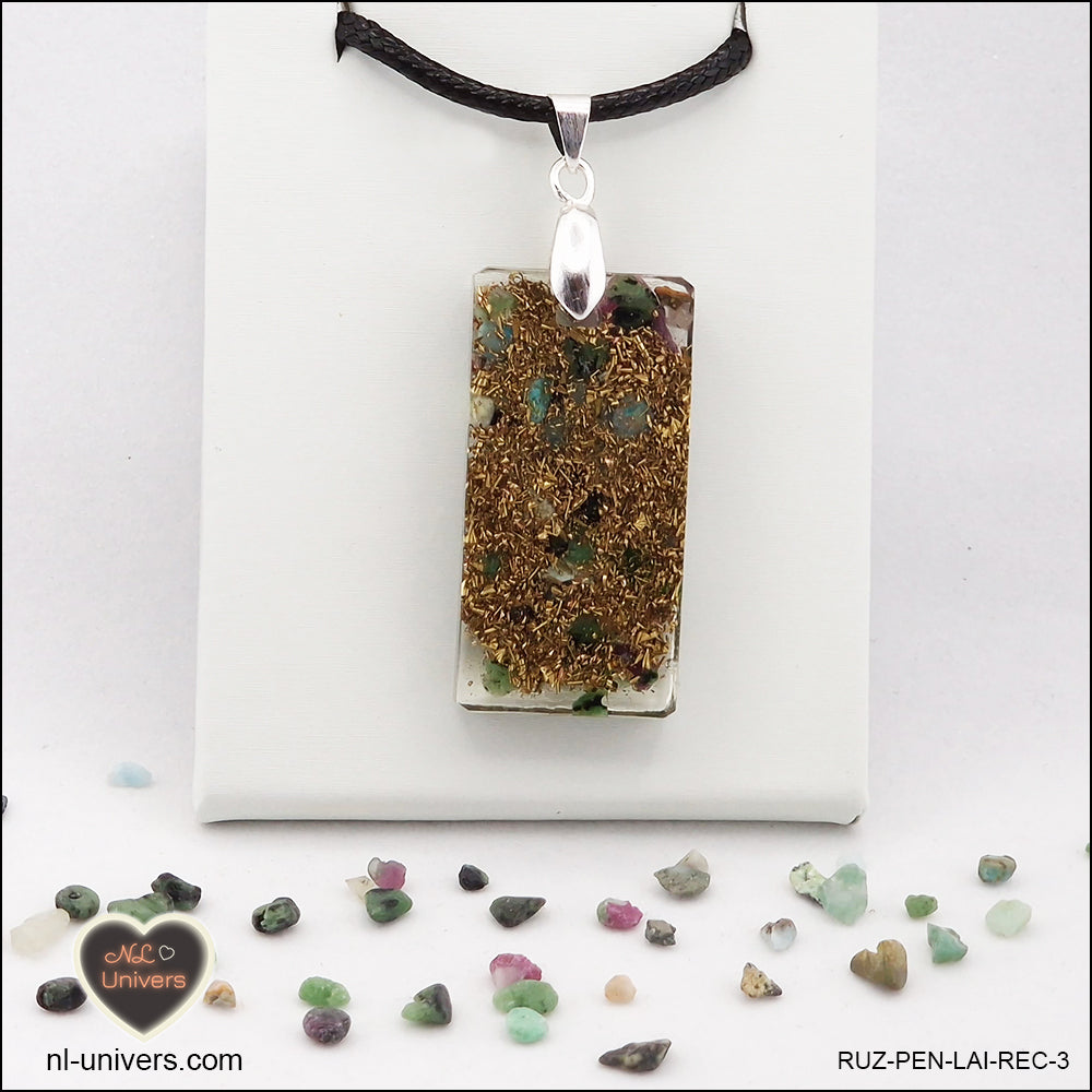 Ruby-Zoisite rectangle pendant M.2 in brass orgonite