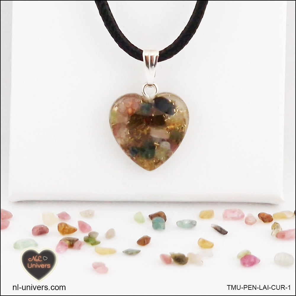 Multicolor Tourmaline heart pendant M.1 in brass orgonite