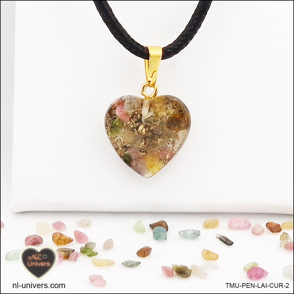 Multicolor Tourmaline heart pendant M.1 in brass orgonite