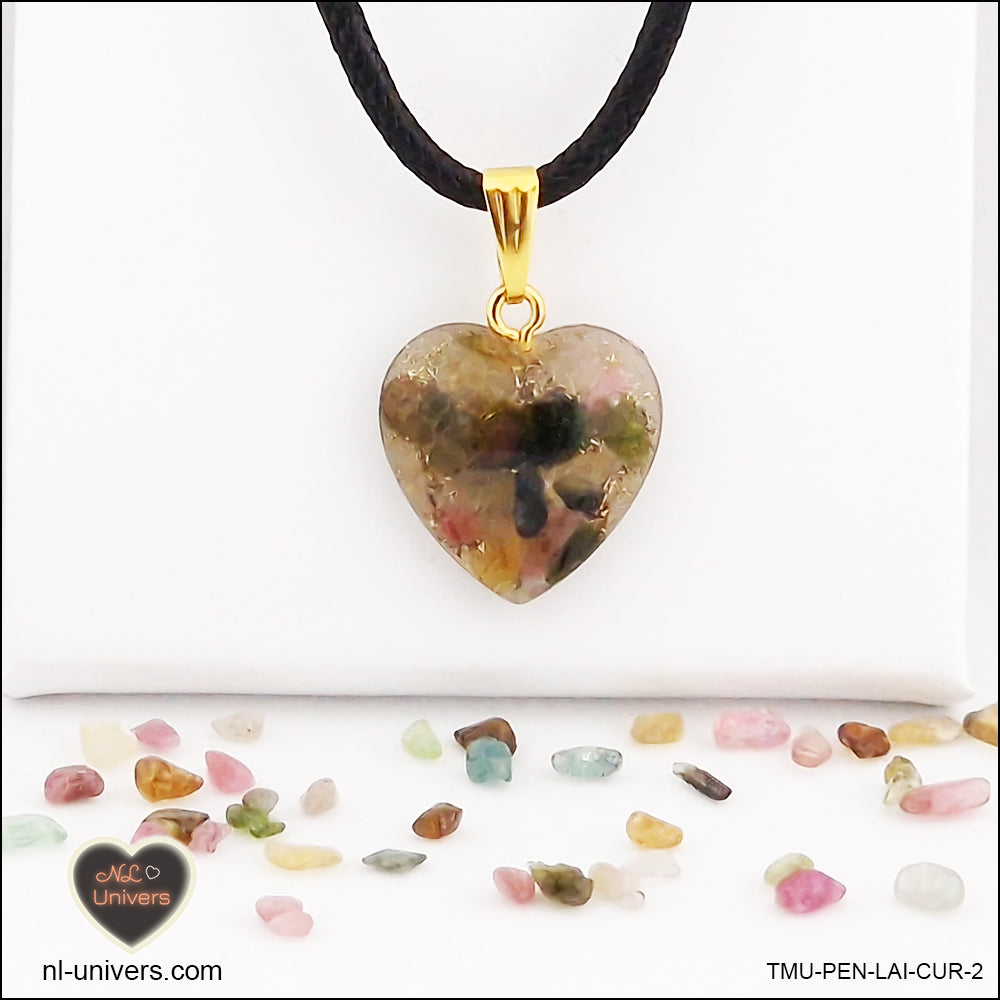 Multicolor Tourmaline heart pendant M.1 in brass orgonite