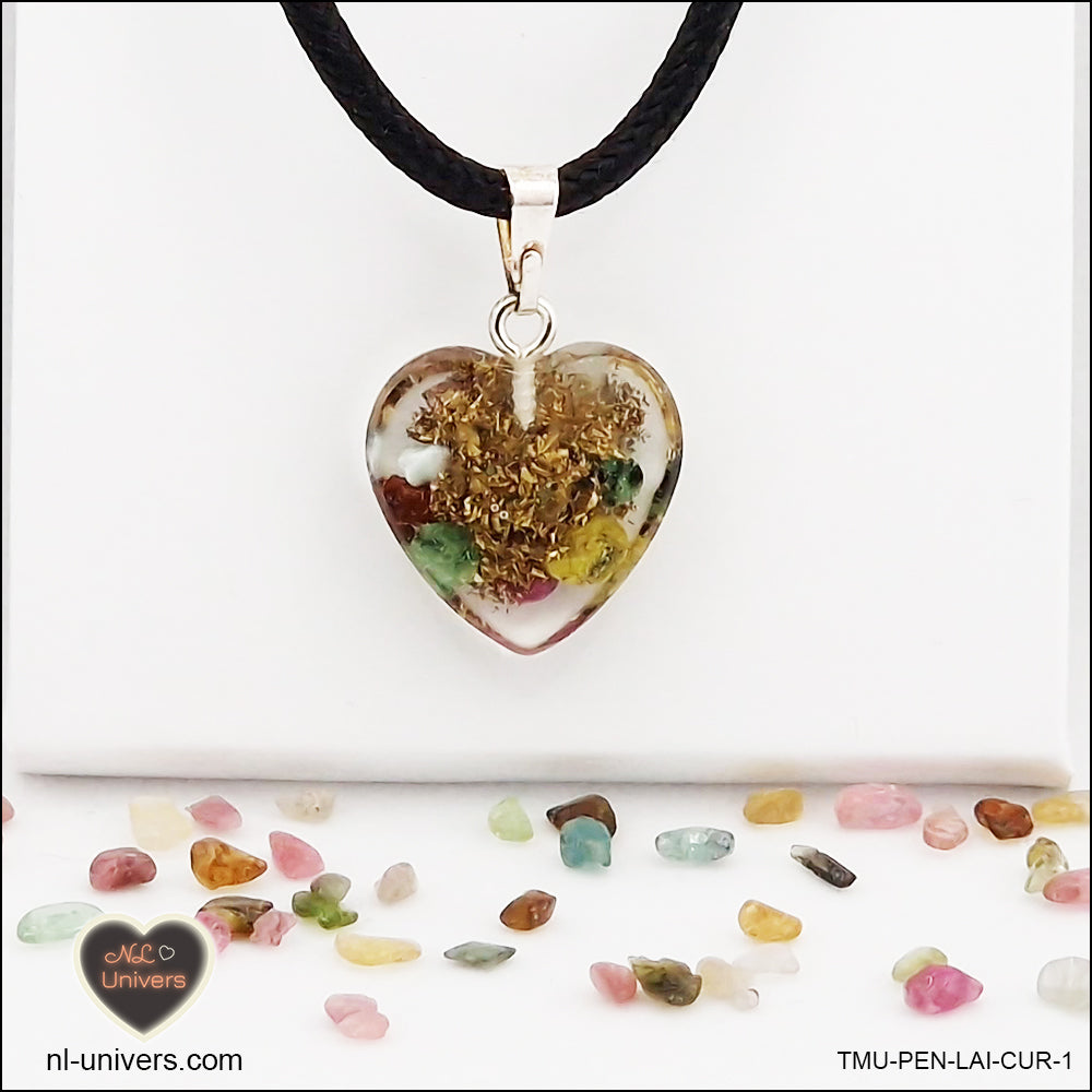 Multicolor Tourmaline heart pendant M.1 in brass orgonite