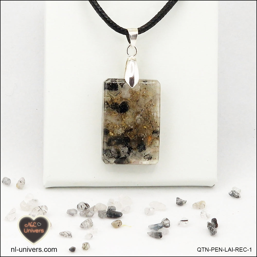 Pendentif Quartz Tourmaline noire rectangle M.1 en orgonite laiton