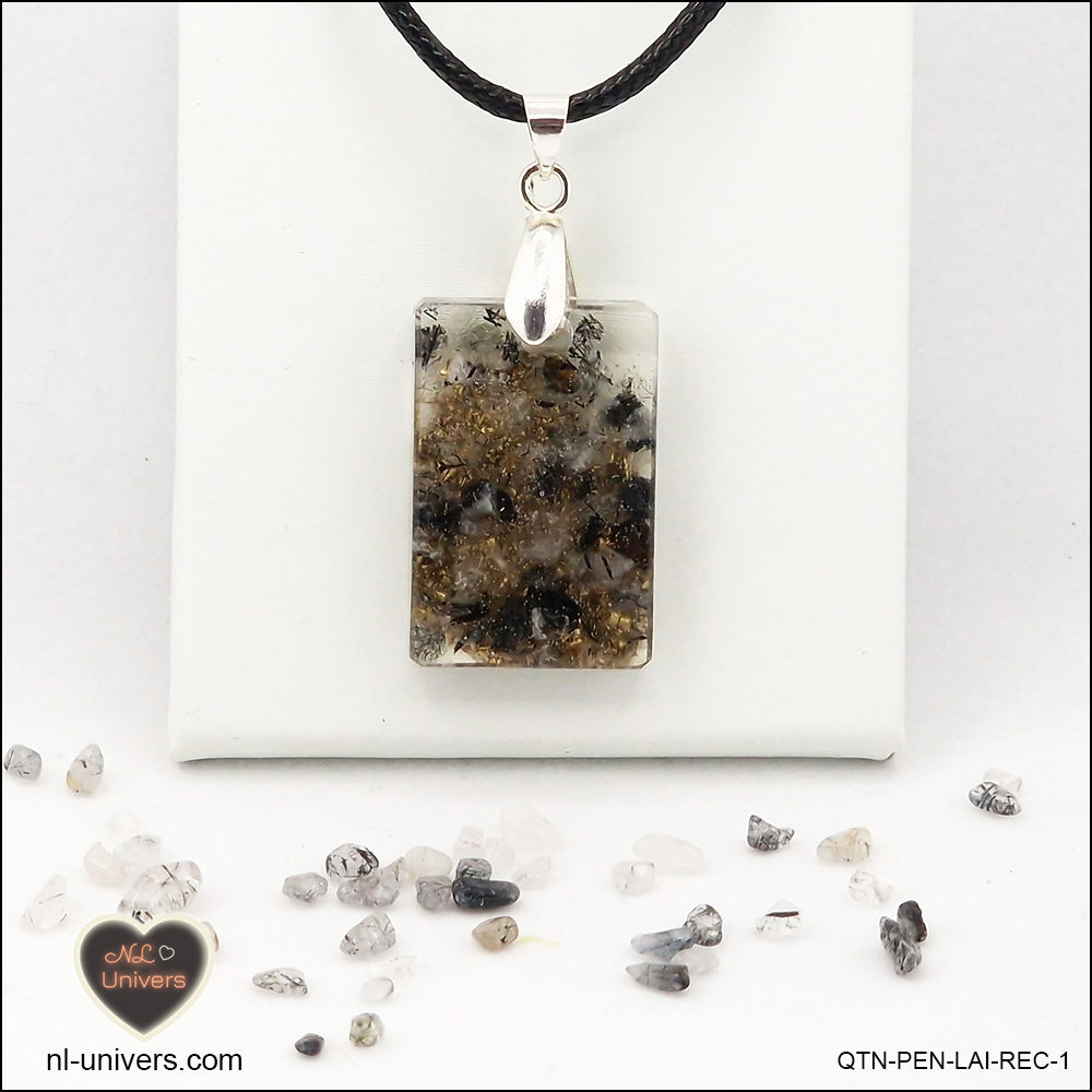 Pendentif Quartz Tourmaline noire rectangle M.1 en orgonite laiton