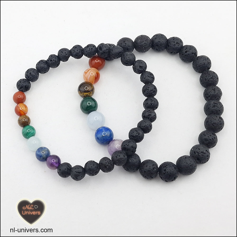 Bracelet 7 Chakras + pierre de lave noire