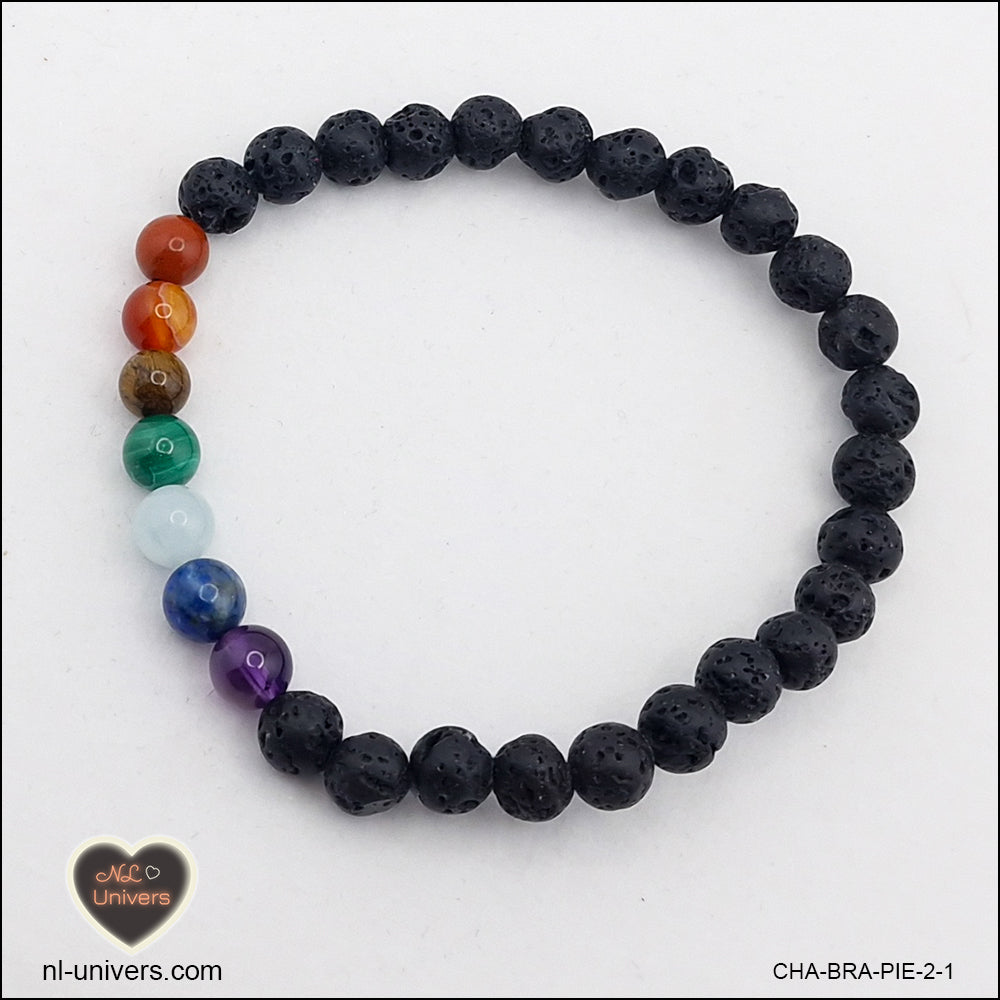 Bracelet 7 Chakras + pierre de lave noire