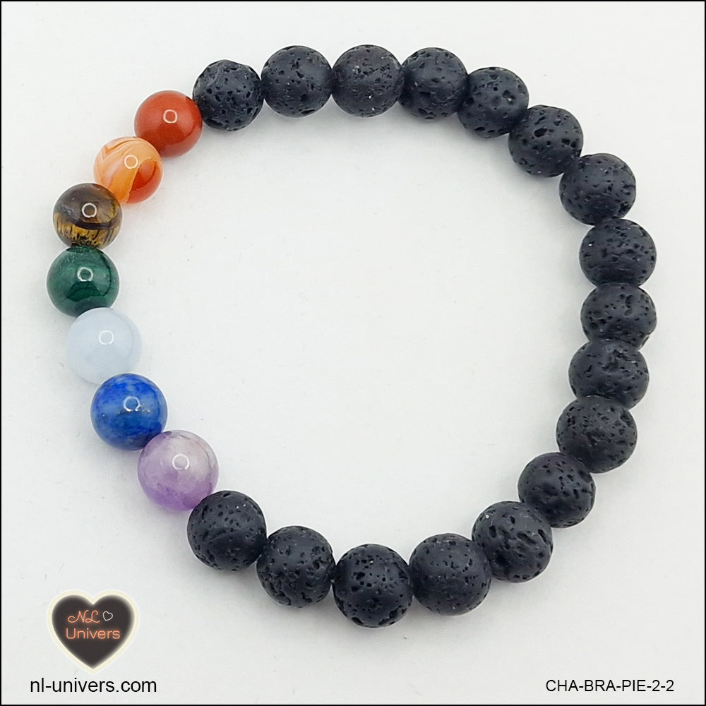 Bracelet 7 Chakras + pierre de lave noire