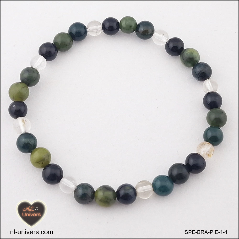 Bracelet Abondance et chance ( Agate mousse + Cristal de roche + Jade vert + Œil de Faucon)