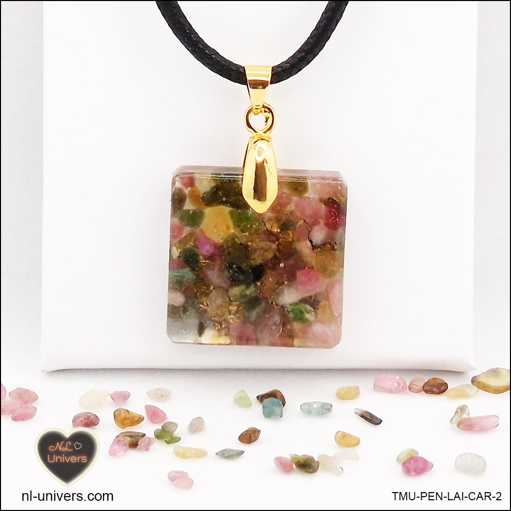 Square multicolor Tourmaline pendant M.1 in brass orgonite