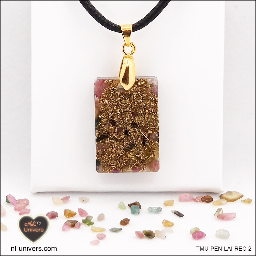 Pendentif Tourmaline multicolore rectangle M.1 en orgonite laiton