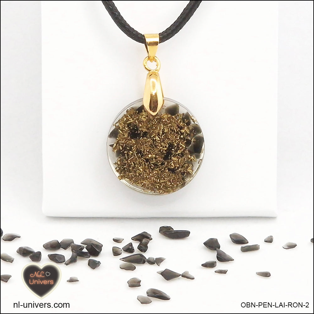 Round black obsidian pendant M.1 in brass orgonite