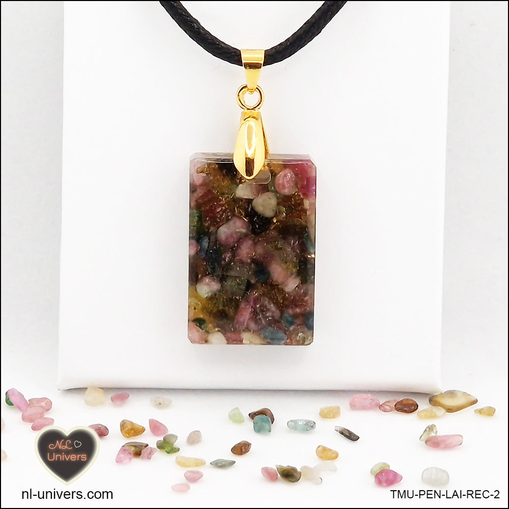 Pendentif Tourmaline multicolore rectangle M.1 en orgonite laiton