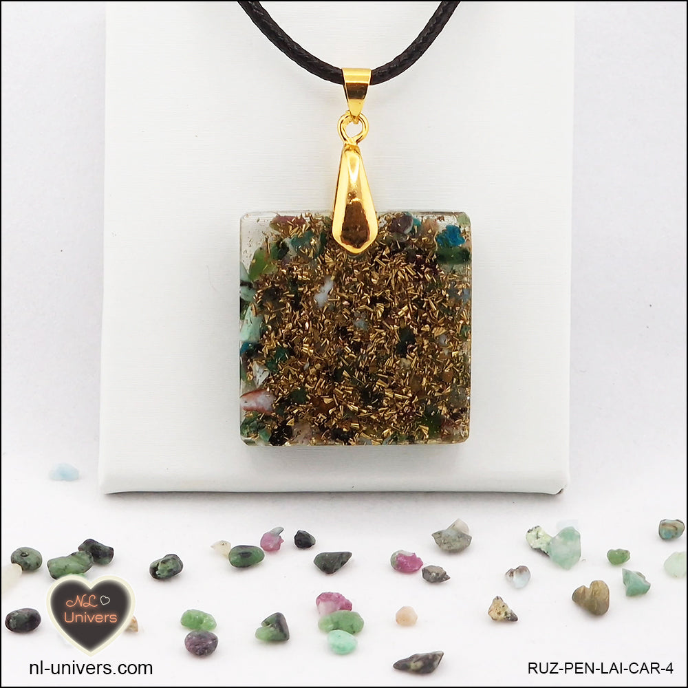 Square Ruby-Zoisite pendant M.2 in brass orgonite