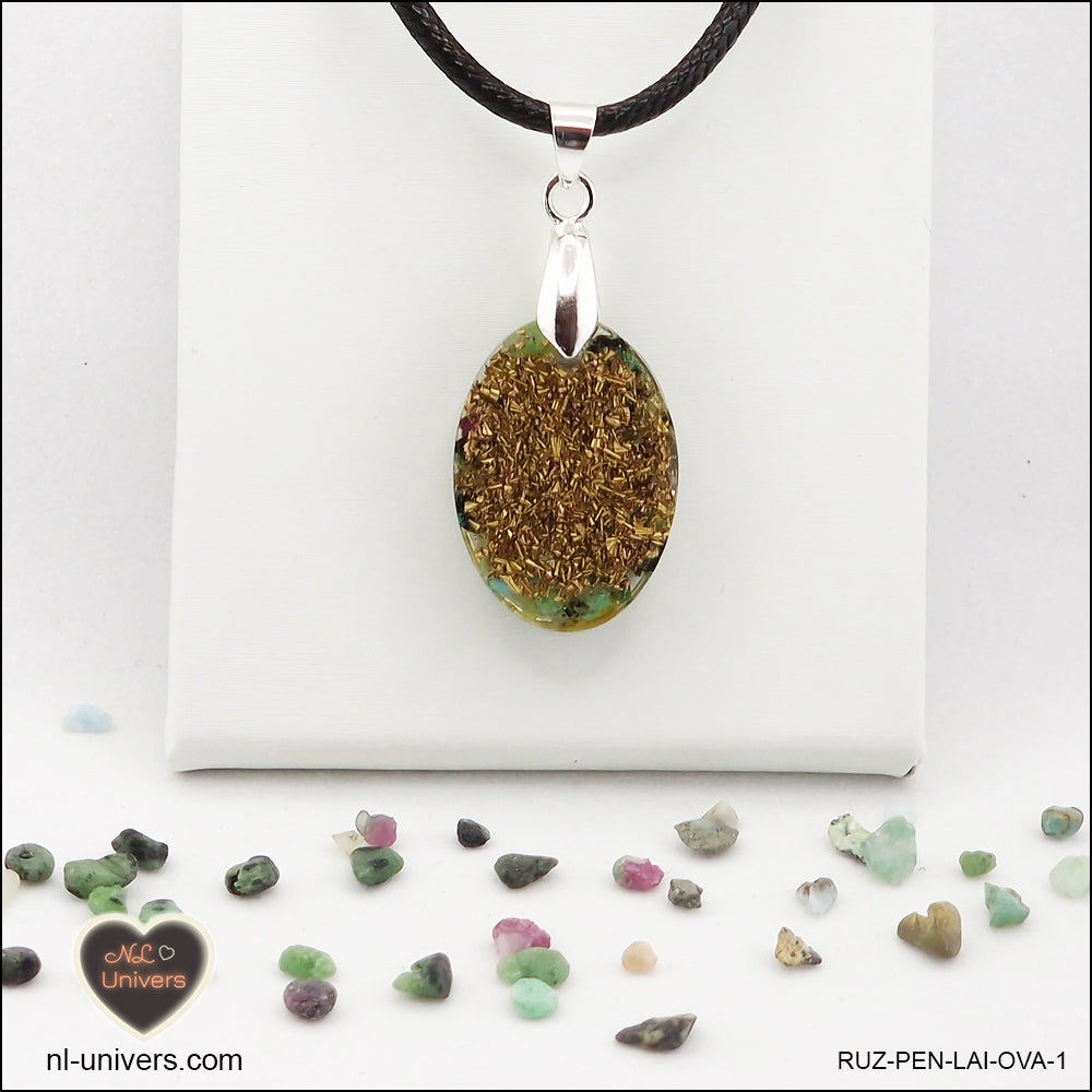 Pendentif Rubis-Zoïsite ovale M.1 en orgonite laiton