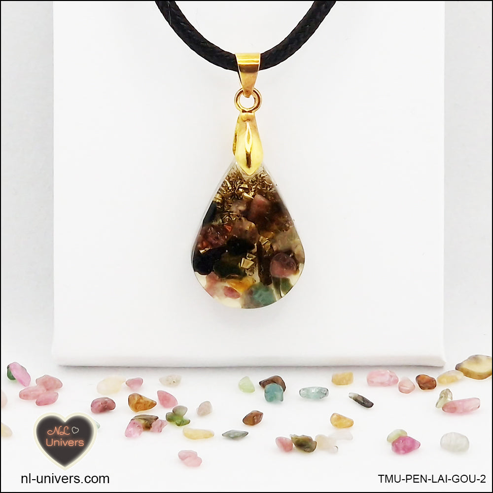 Multicolor Tourmaline pendant drop in brass orgonite