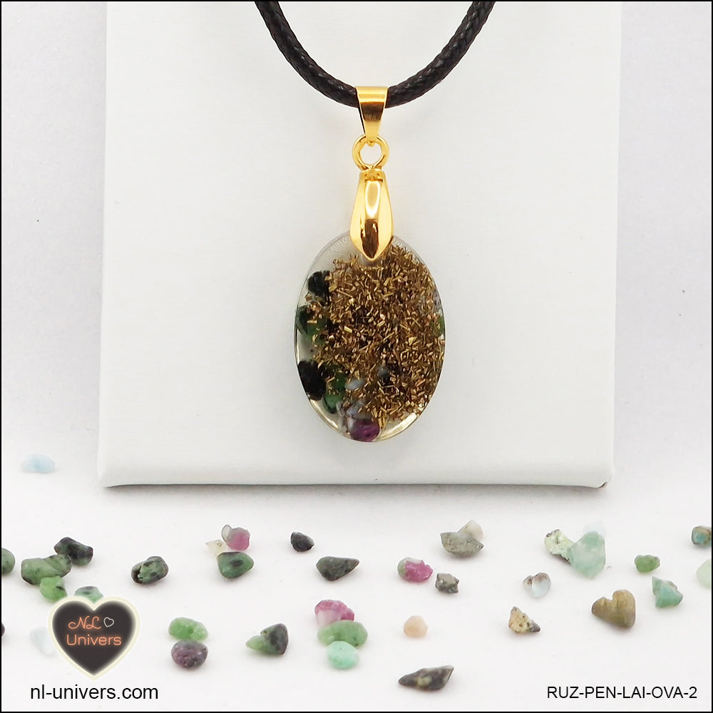 Pendentif Rubis-Zoïsite ovale M.1 en orgonite laiton