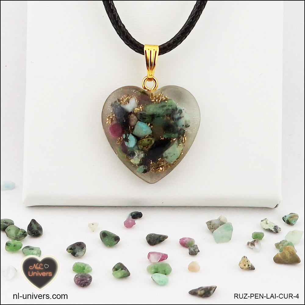 Ruby-Zoïsite heart pendant M.2 in brass orgonite