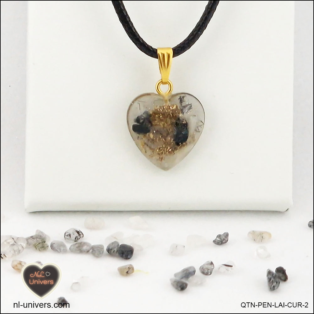 Quartz Tourmaline black heart pendant M.1 in brass orgonite