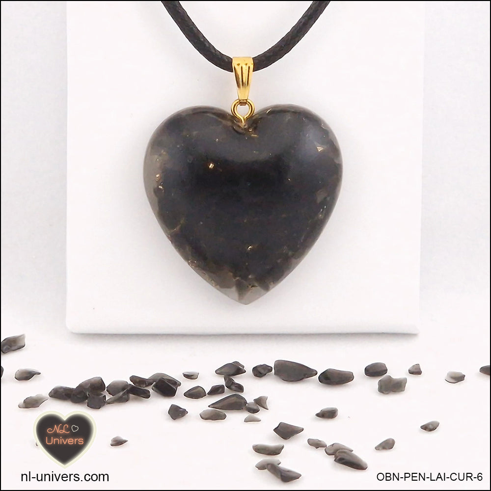 Pendentif Obsidienne noire cœur M.3 en orgonite laiton