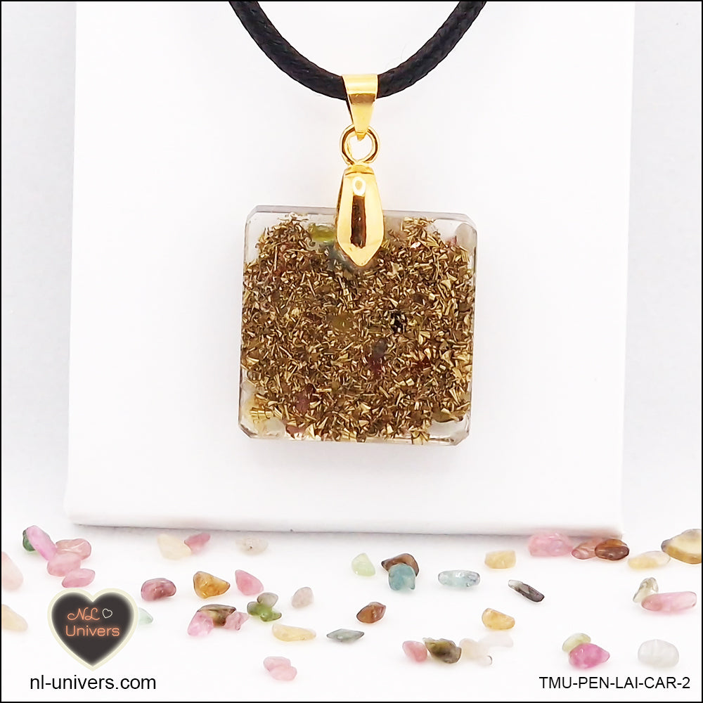 Square multicolor Tourmaline pendant M.1 in brass orgonite