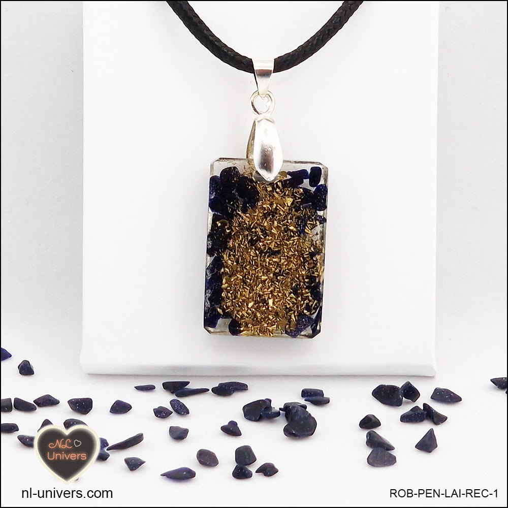 Pendentif Rivière d'or bleue rectangle M.1 en orgonite laiton