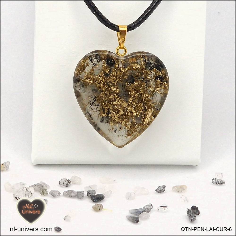 Quartz Tourmaline black heart pendant M.3 in brass orgonite