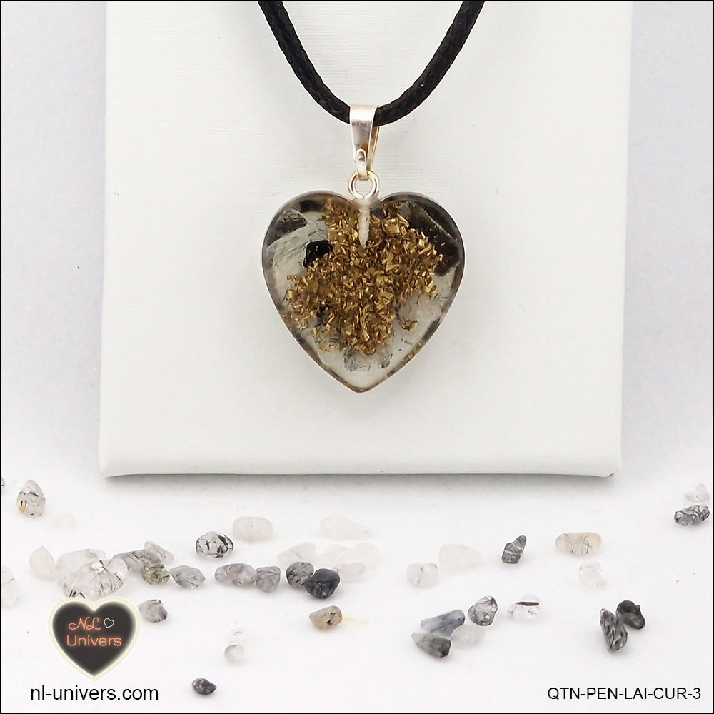 Quartz Tourmaline black heart pendant M.2 in brass orgonite