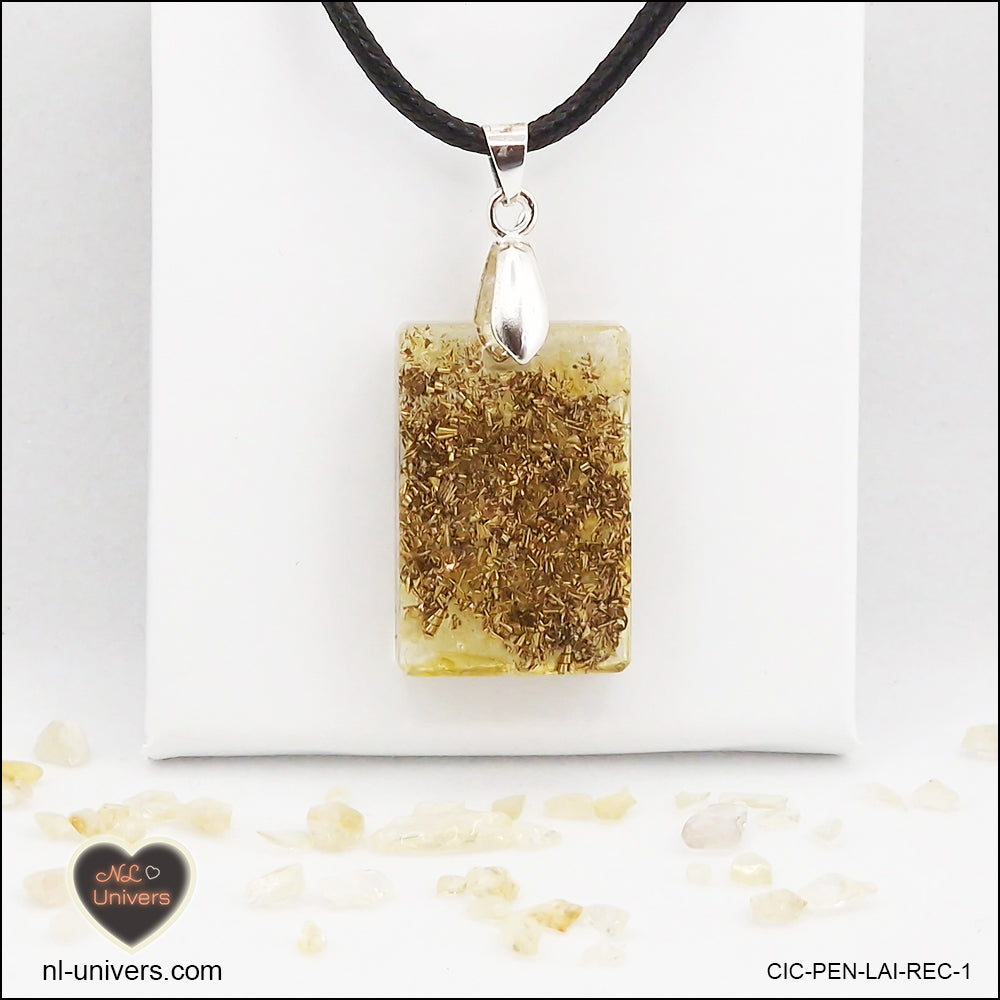 Pendentif Citrine chauffée rectangle M.1 en orgonite laiton