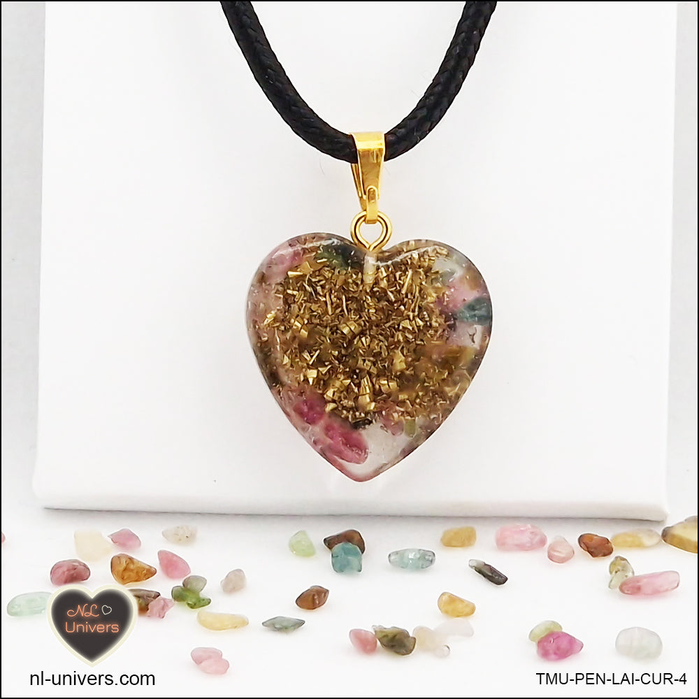 Multicolor Tourmaline heart pendant M.2 in brass orgonite