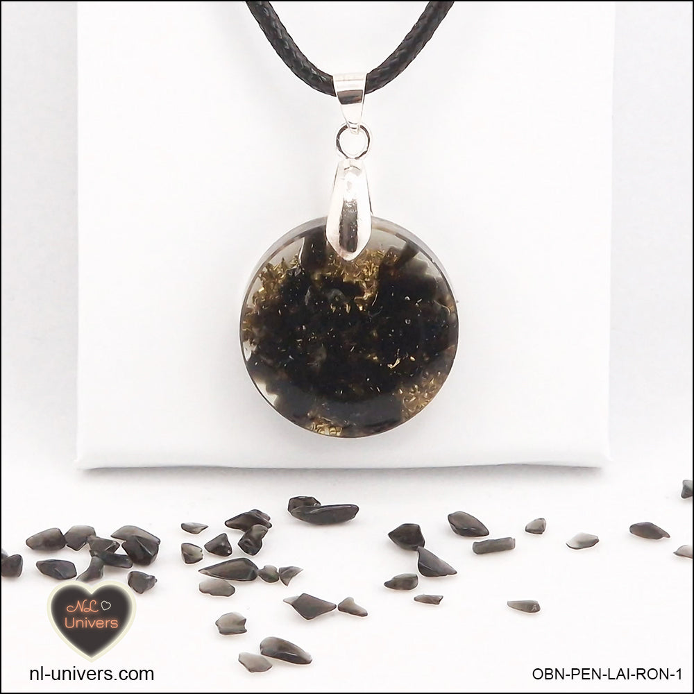 Pendentif Obsidienne noire rond M.1 en orgonite laiton