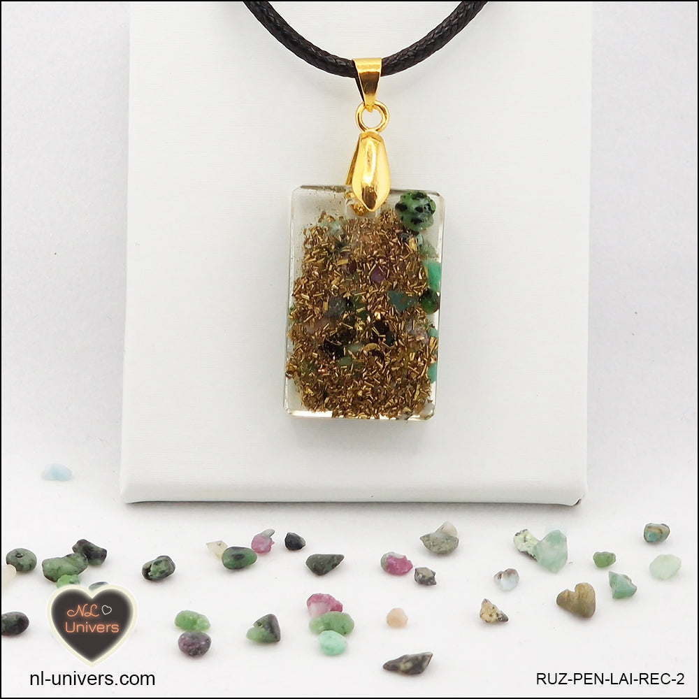 Ruby-Zoisite rectangle pendant M.1 in brass orgonite