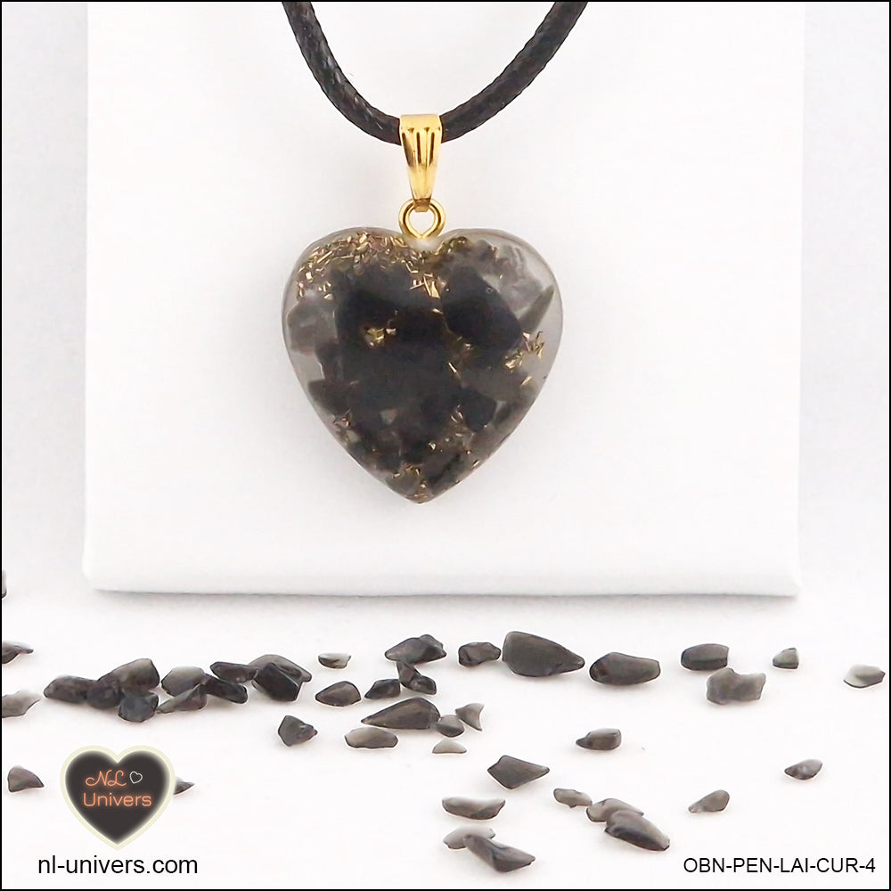 Black Obsidian heart pendant M.2 in brass orgonite