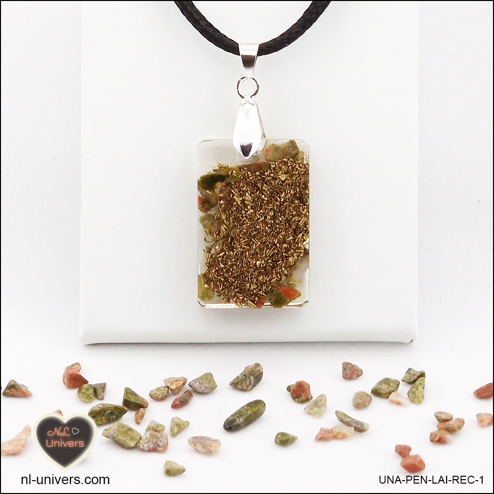 Pendentif Unakite rectangle M.1 en orgonite laiton