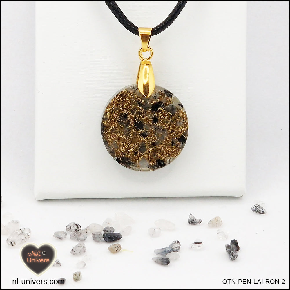 Black Tourmaline Quartz pendant round M.1 in brass orgonite