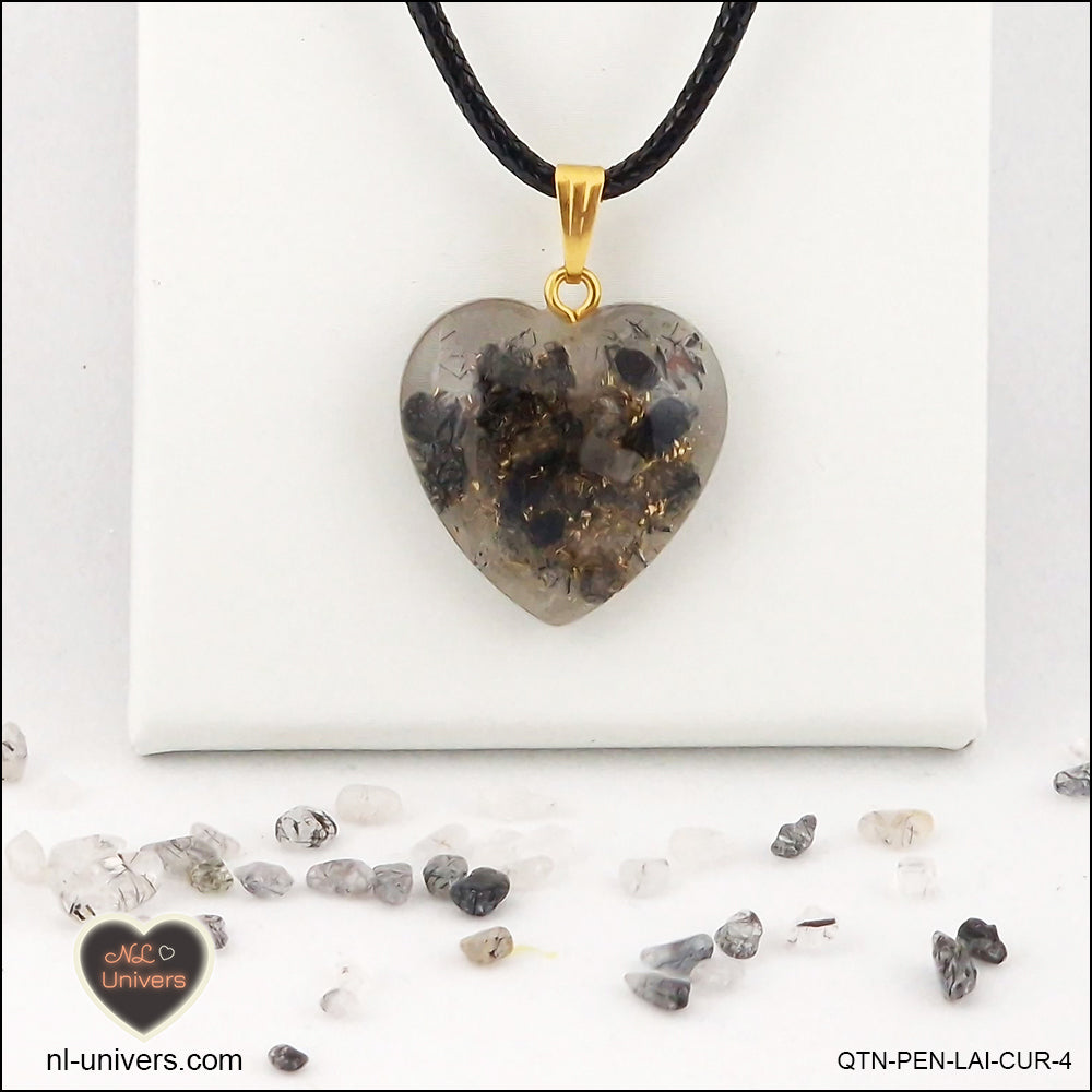 Quartz Tourmaline black heart pendant M.2 in brass orgonite