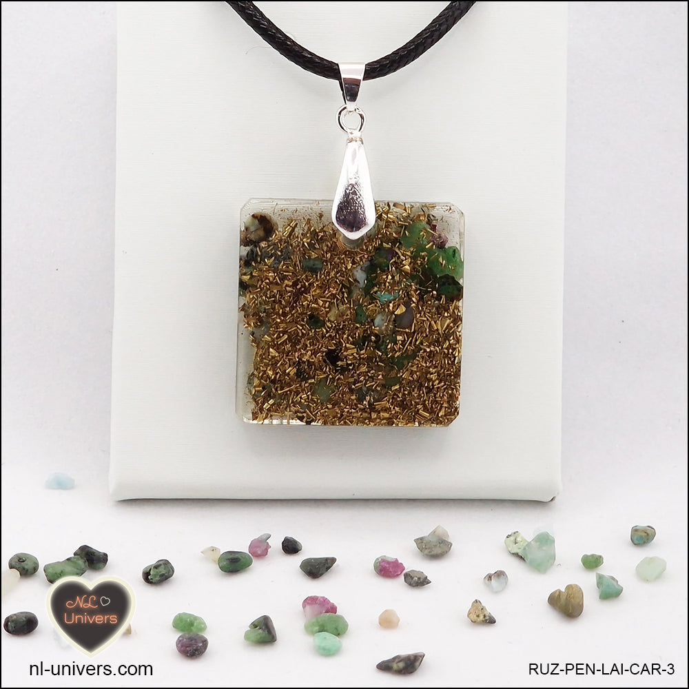 Square Ruby-Zoisite pendant M.2 in brass orgonite