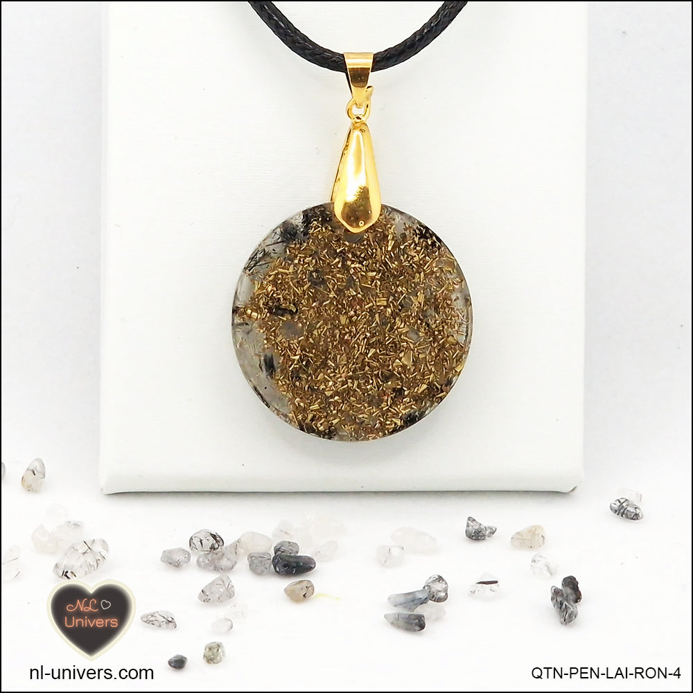 Black Tourmaline Quartz pendant round M.2 in brass orgonite