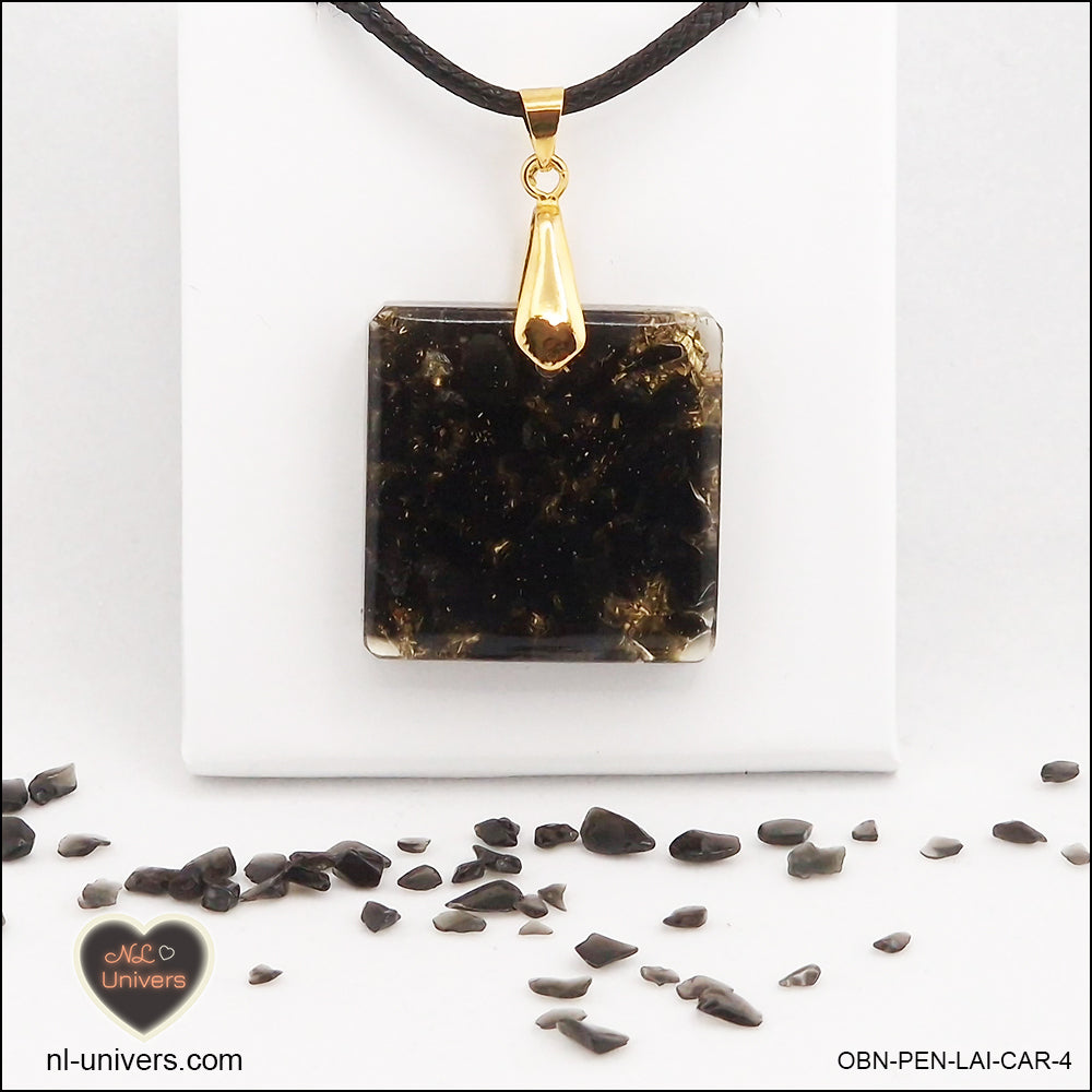 Pendentif Obsidienne noire carré M.2 en orgonite laiton