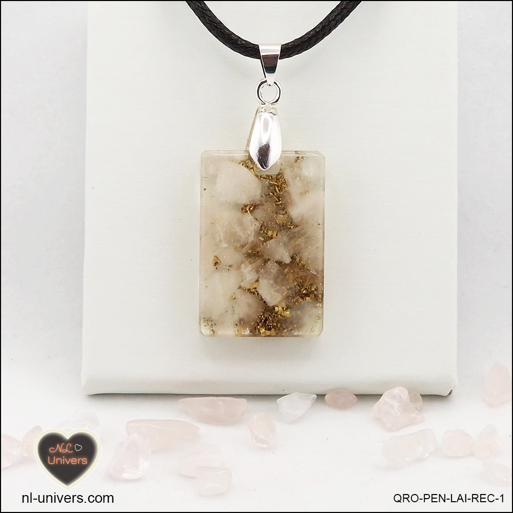 Pendentif Quartz rose rectangle M.1 en orgonite laiton