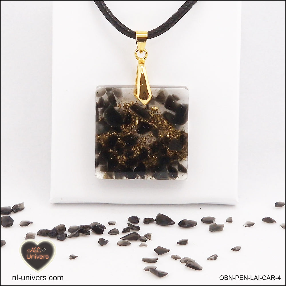 Square black obsidian pendant M.2 in brass orgonite