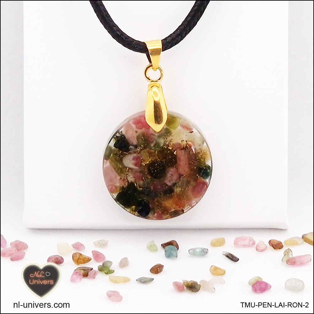 Round multicolor Tourmaline pendant M.1 in brass orgonite