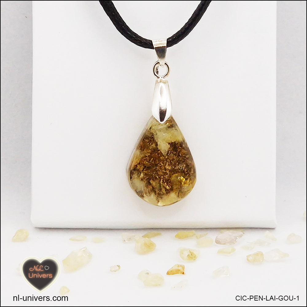 Pendentif Citrine chauffée goutte en orgonite laiton