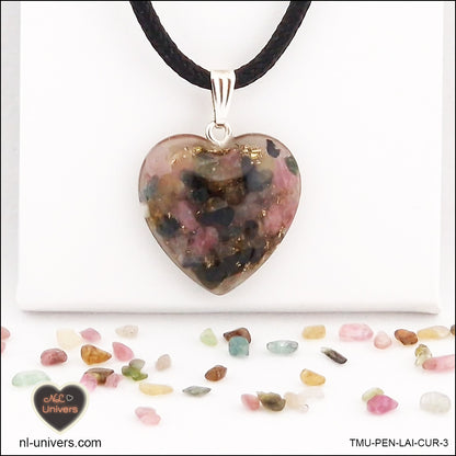 Multicolor Tourmaline heart pendant M.2 in brass orgonite