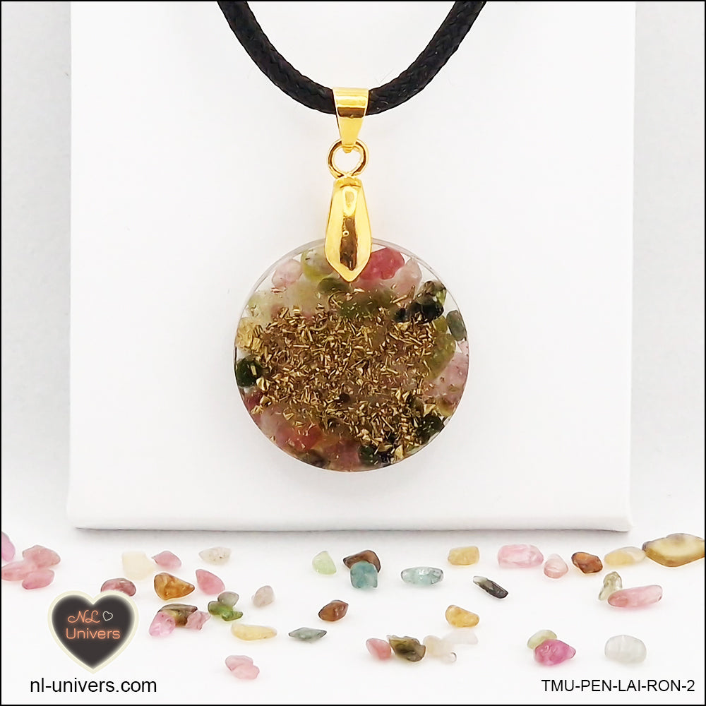 Round multicolor Tourmaline pendant M.1 in brass orgonite