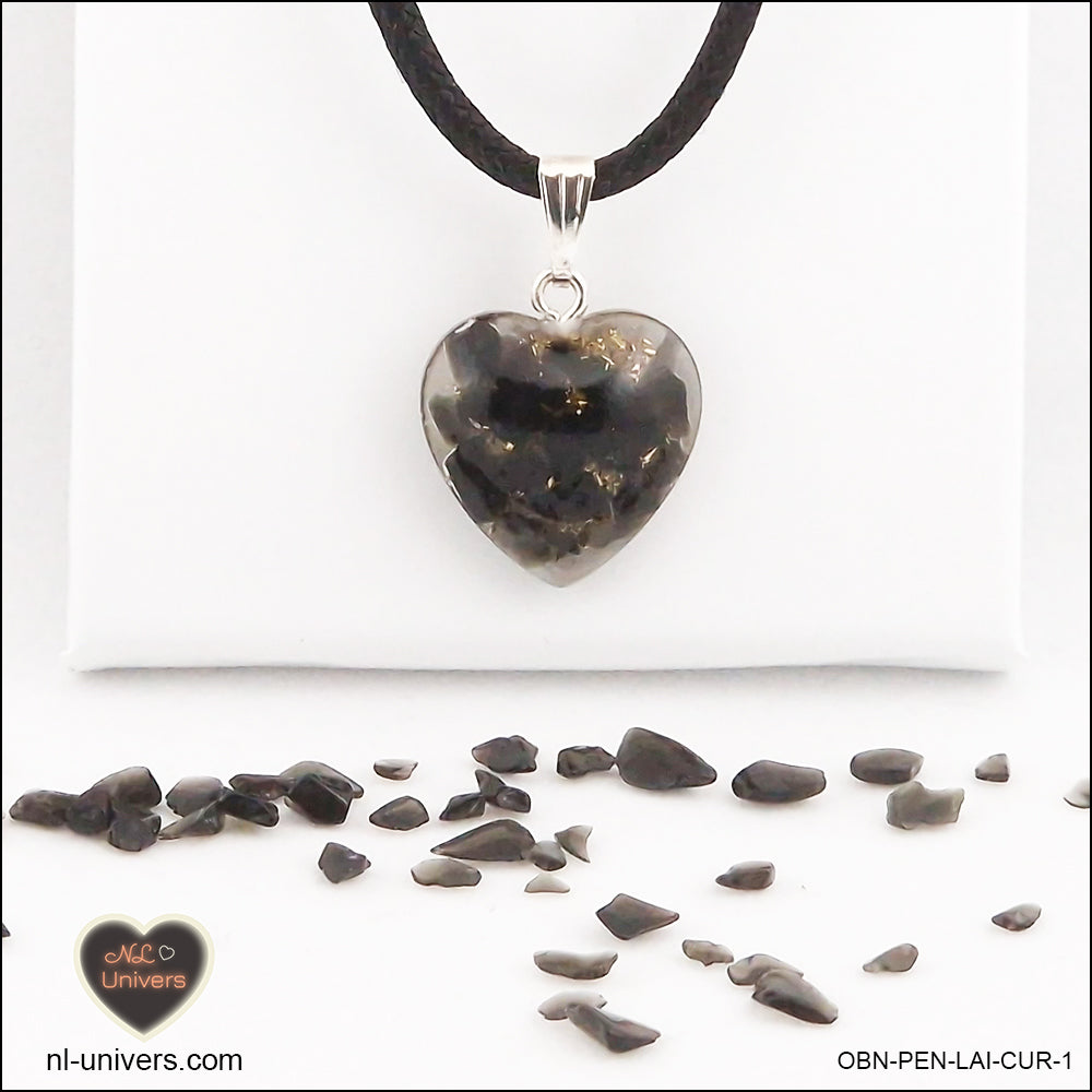 Pendentif Obsidienne noire cœur M.1 en orgonite laiton