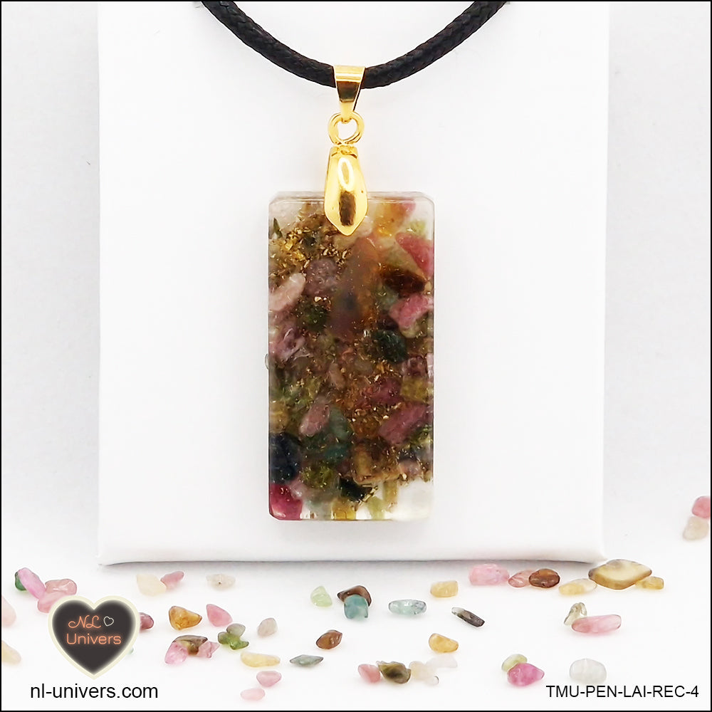 Multicolored Tourmaline rectangle M.2 pendant in brass orgonite