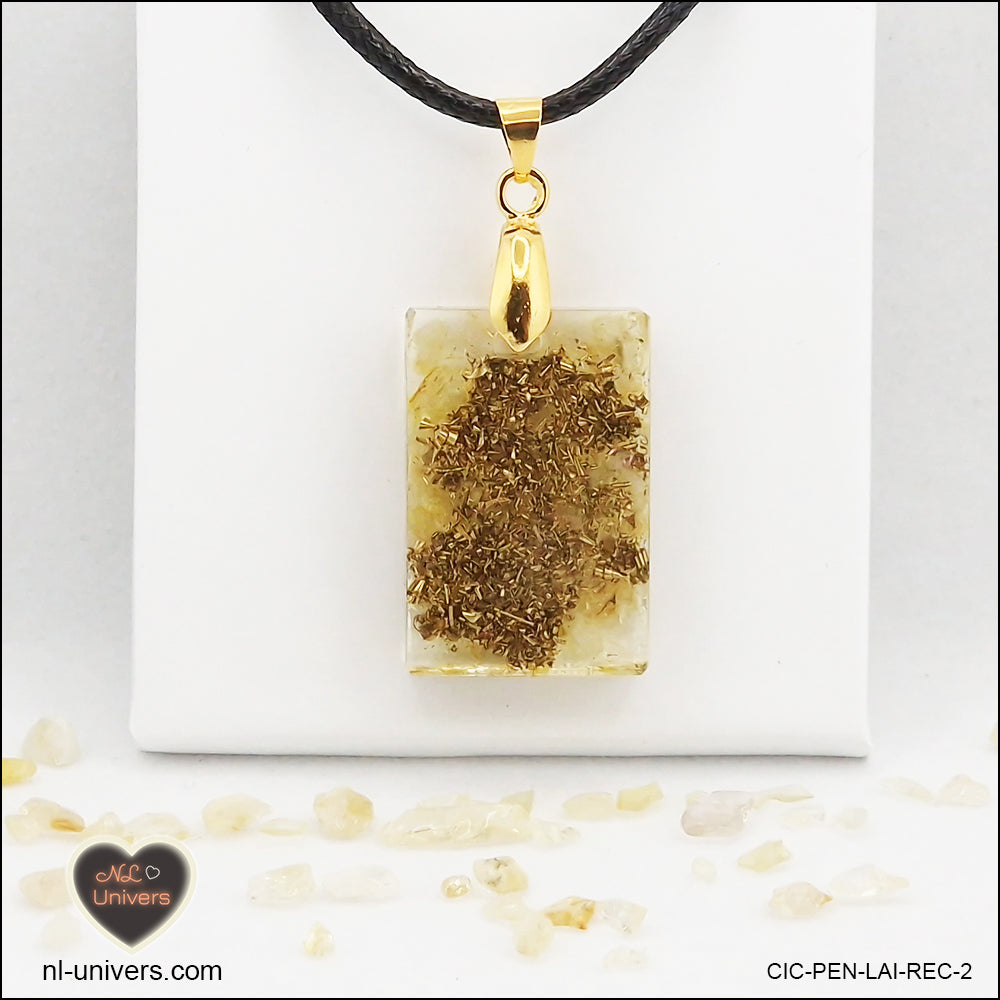 Pendentif Citrine chauffée rectangle M.1 en orgonite laiton