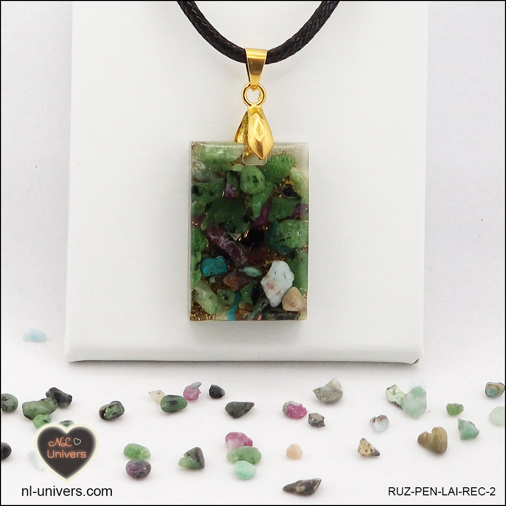 Ruby-Zoisite rectangle pendant M.1 in brass orgonite