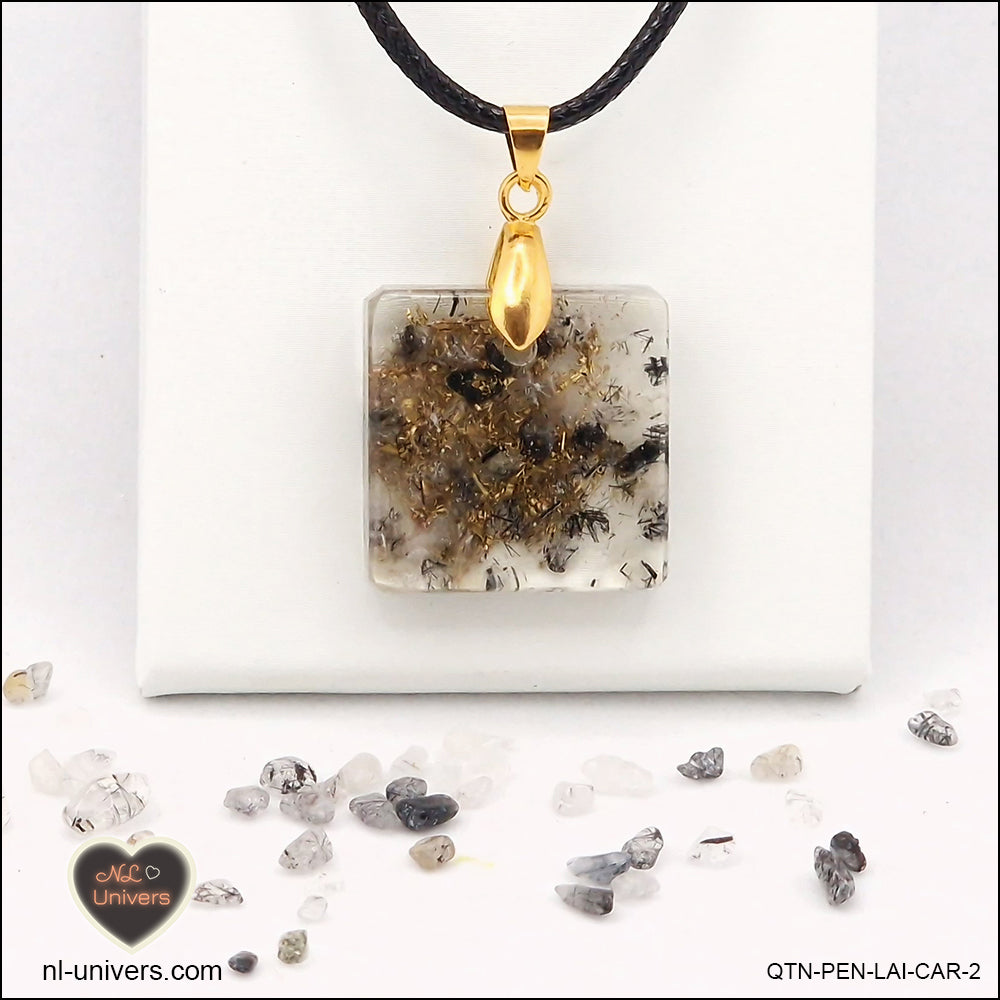 Black Tourmaline Quartz pendant square M.1 in brass orgonite